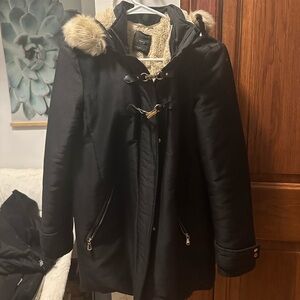 Mango Black Fur-Trimmed Women's Winter Coat